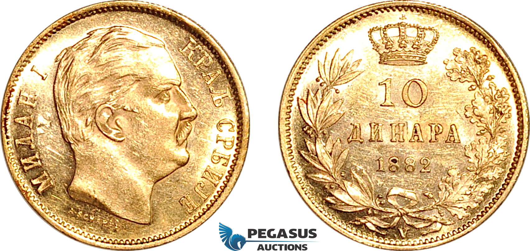 AK977, Serbia, Milan I. Obrenovic, 10 Dinara 1882 V, Vienna Mint, Gold, Lightly cleaned, AU-UNC