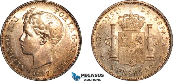 AK978, Spain, Alfonso XIII, 5 Pesetas 1897 SGV, Madrid Mint, Silver, Lightly cleaned, AU-UNC