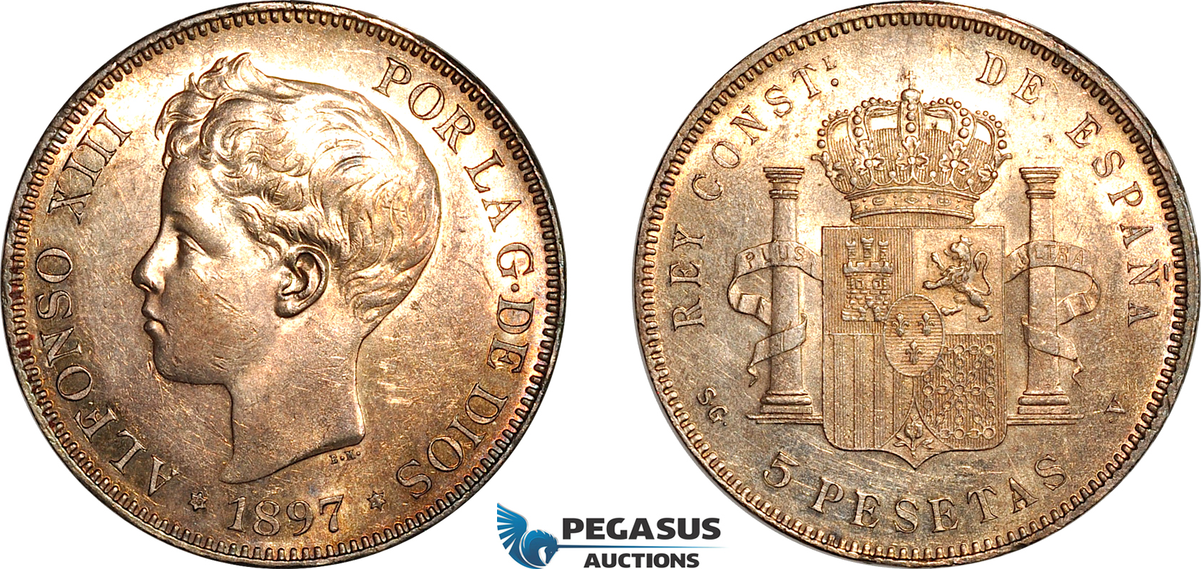 AK978, Spain, Alfonso XIII, 5 Pesetas 1897 SGV, Madrid Mint, Silver, Lightly cleaned, AU-UNC
