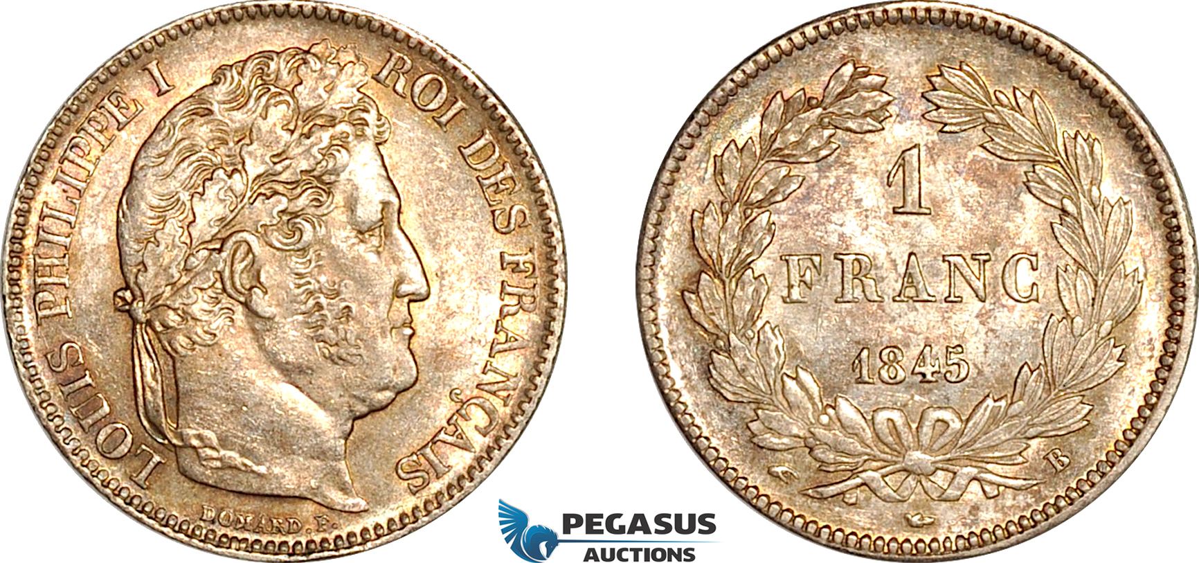 AK981, France, Louis Philippe I, 1 Franc 1845 B, Rouen Mint, Silver, Lightly cleaned, UNC