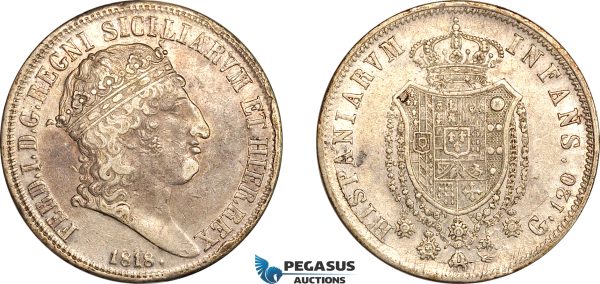 AK982, Italy, Sicily, Ferdinand I, 120 Grana 1818, Naples Mint, Silver, Cleaned, XF