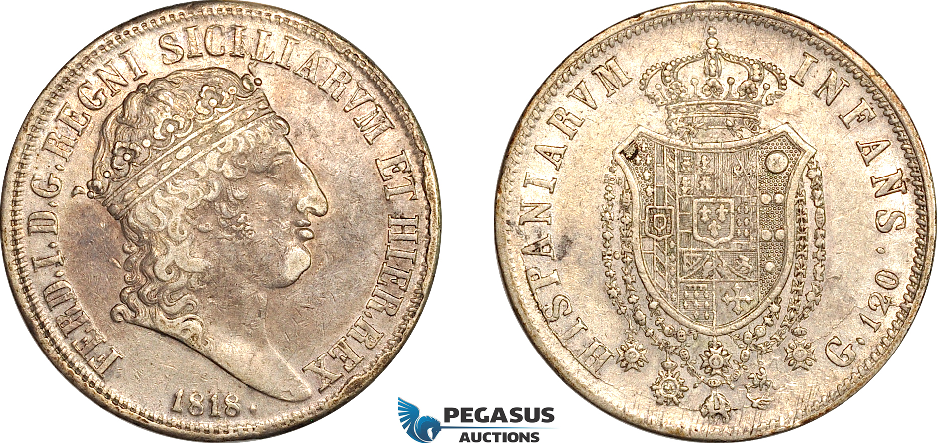 AK982, Italy, Sicily, Ferdinand I, 120 Grana 1818, Naples Mint, Silver, Cleaned, XF