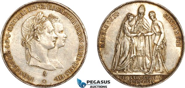 AK988, Austria, Franz Joseph I, Gulden 1854 A, Vienna Mint, Silver, (Wedding) Cleaned, AU