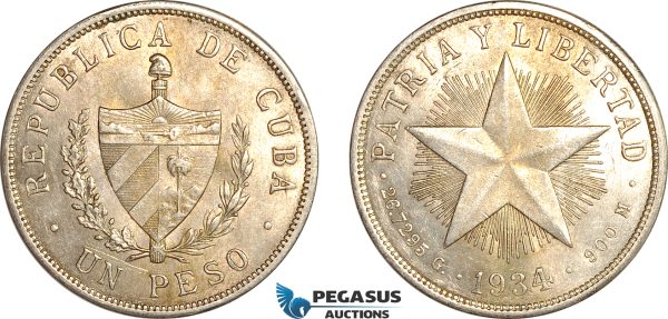 AK989, Cuba, "Star Type" Peso 1934, Philadelphia Mint, Silver, Cleaned, AU