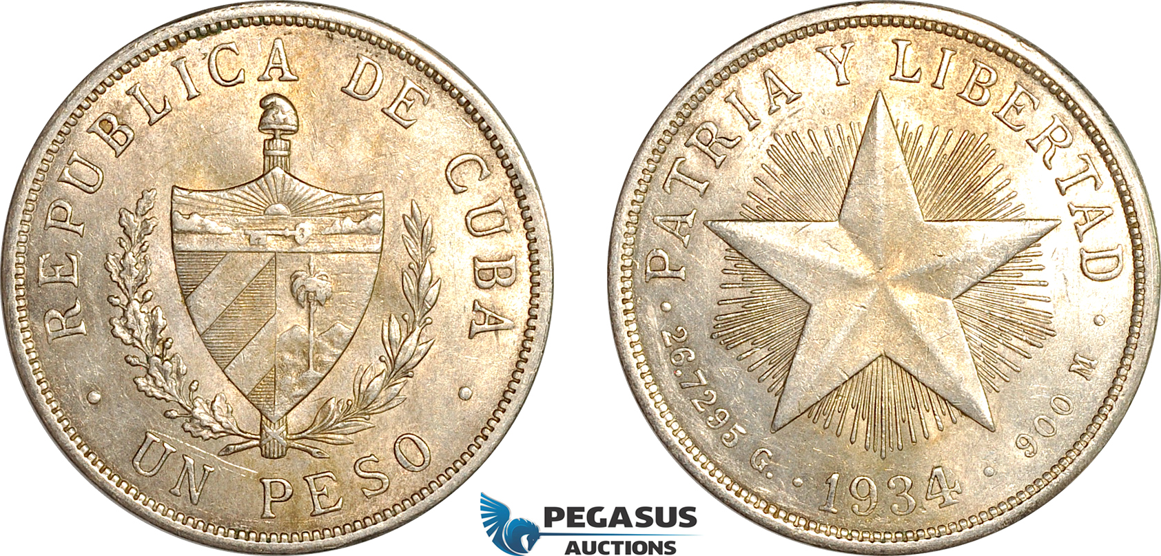 AK989, Cuba, "Star Type" Peso 1934, Philadelphia Mint, Silver, Cleaned, AU