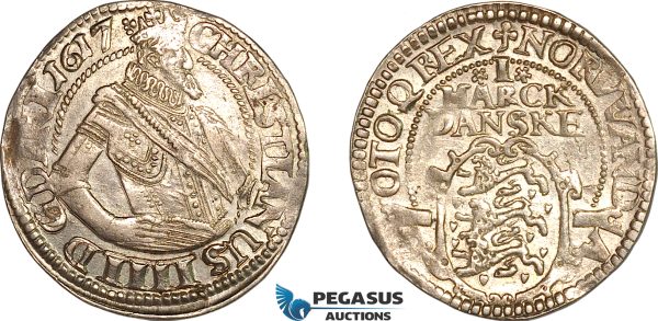 AK990, Denmark, Christian IV, 1 Mark 1617, Copenhagen Mint, Silver, XF-AU