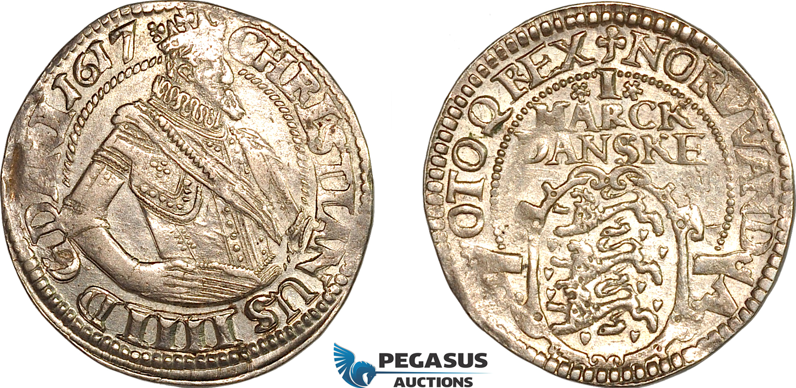 AK990, Denmark, Christian IV, 1 Mark 1617, Copenhagen Mint, Silver, XF-AU