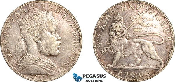 AK991, Ethiopia, Menelik II, 1 Birr EE1892 (1900) A, Paris Mint, Silver, Cleaned, XF