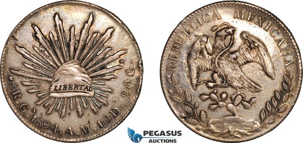 AK996, Mexico, 8 Reales 1894 Cn AM, Culiacan Mint, Silver, Cleaned, AU