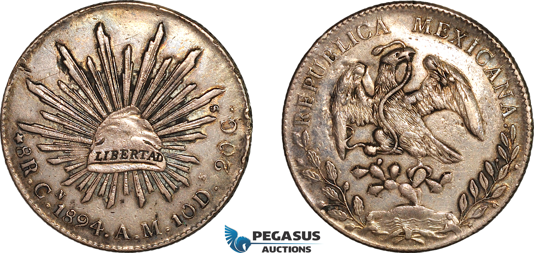 AK996, Mexico, 8 Reales 1894 Cn AM, Culiacan Mint, Silver, Cleaned, AU