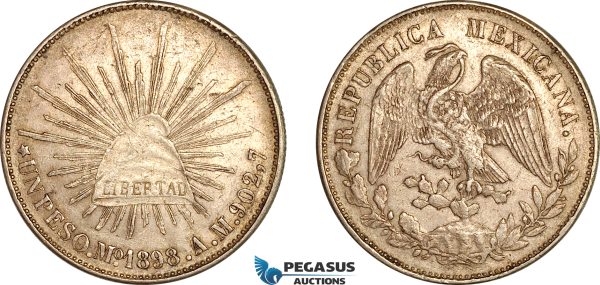 AK997, Mexico, 1 Peso 1898 MO AM, Mexico City Mint, Silver, AU
