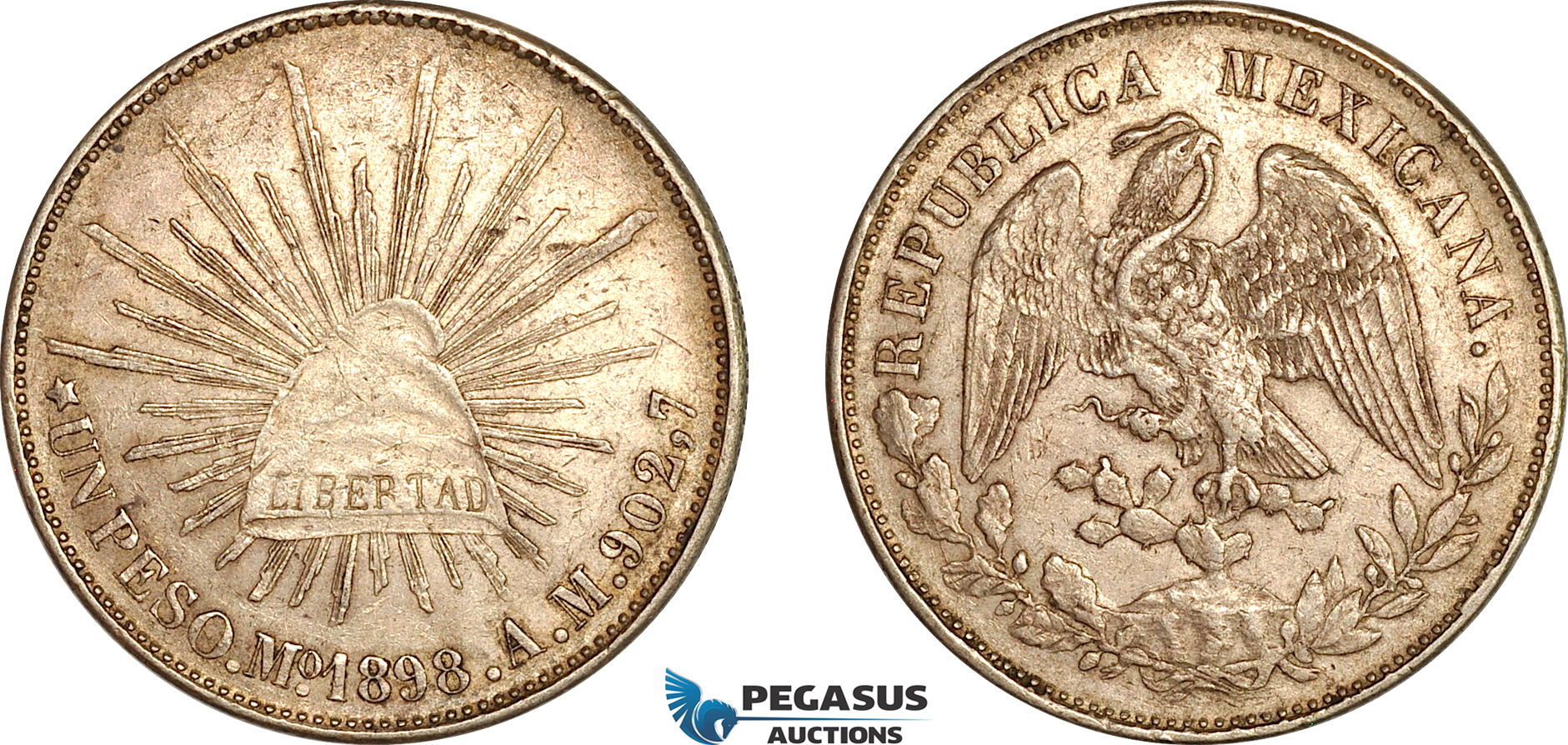AK997, Mexico, 1 Peso 1898 MO AM, Mexico City Mint, Silver, AU
