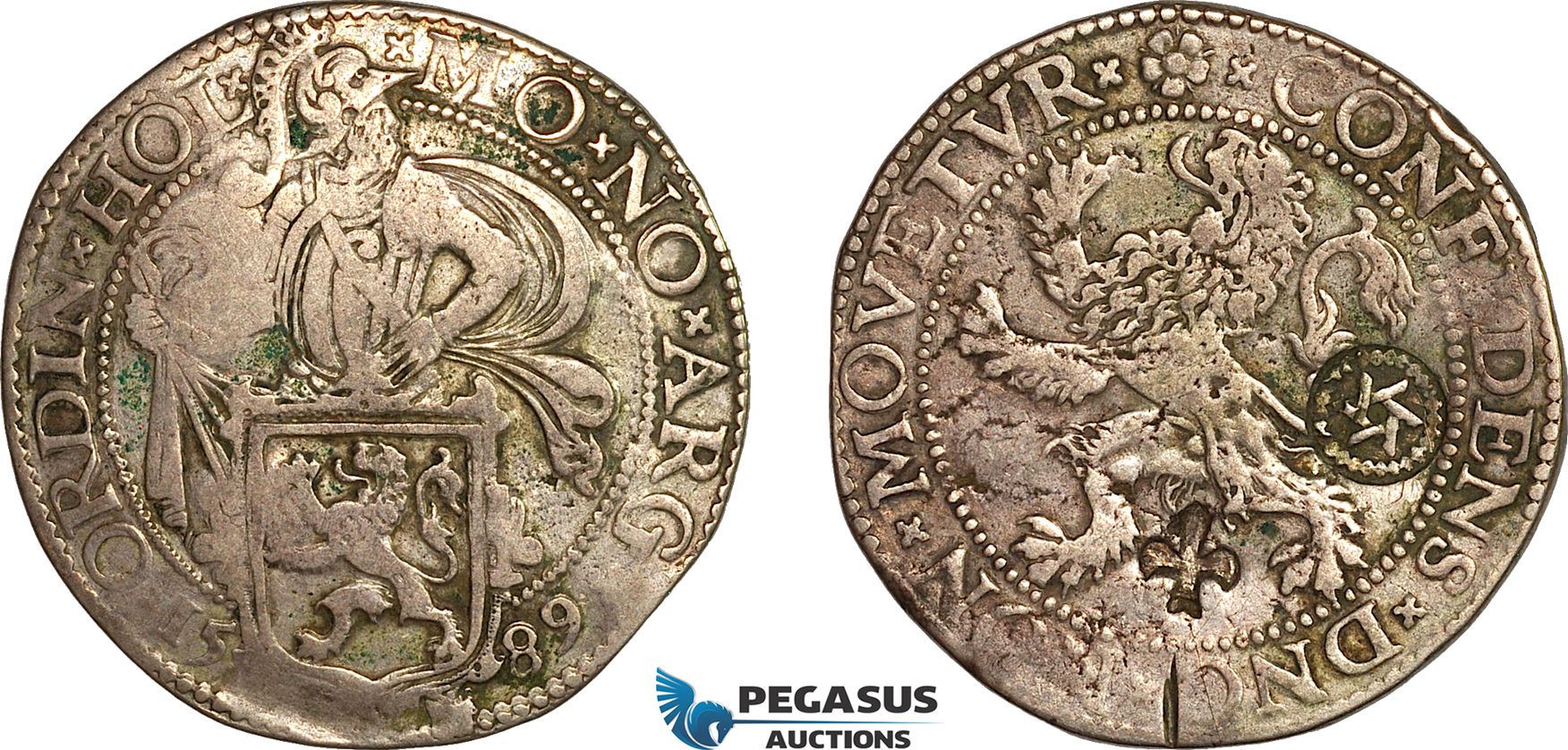 AK998, Netherlands, Holland, Lion Daalder (Taler) 1589, C/S (Hexagram & Fleur de Lis), Silver (26.78g) Possible for use in the Middle East, Light deposits, XF, Very Rare! *Ex. Schulman Auction 368, Lot: 673.