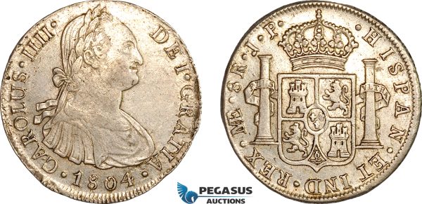 AL001, Peru, Charles IV, 8 Reales 1804 LIMAE, Lima Mint, Silver, AU