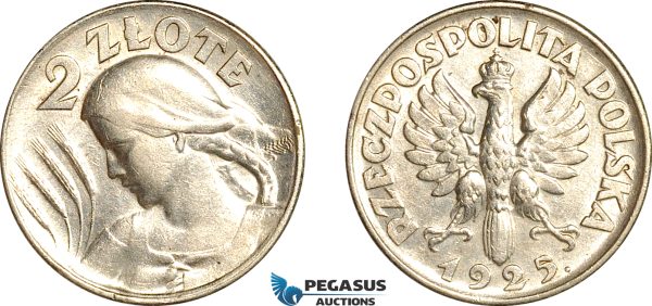 AL002, Poland, 2 Zlote 1925, London Mint, Silver, Cleaned, AU