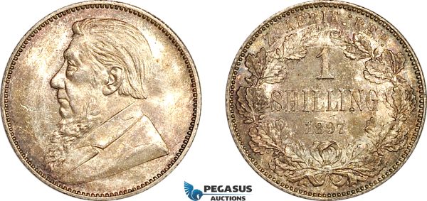 AL007, South Africa (ZAR) 1 Shilling 1897, Pretoria Mint, Silver, Cleaned, UNC