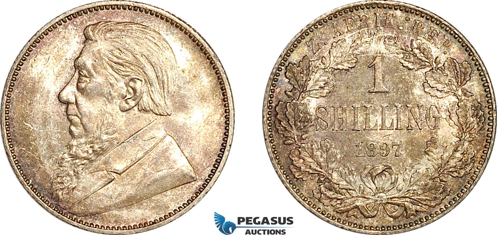 AL007, South Africa (ZAR) 1 Shilling 1897, Pretoria Mint, Silver, Cleaned, UNC