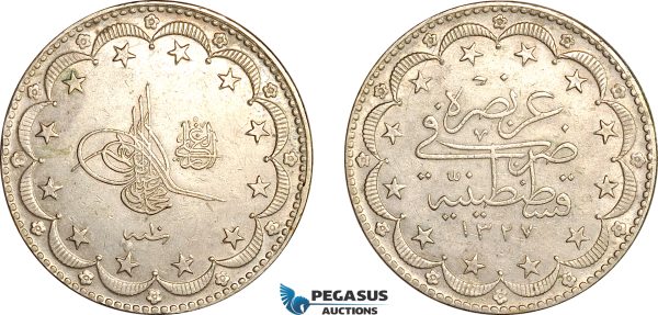 AL012, Turkey (Ottoman Empire), Mehmed V, 20 Kurush AH1327//10, Silver, Cleaned, AU-UNC