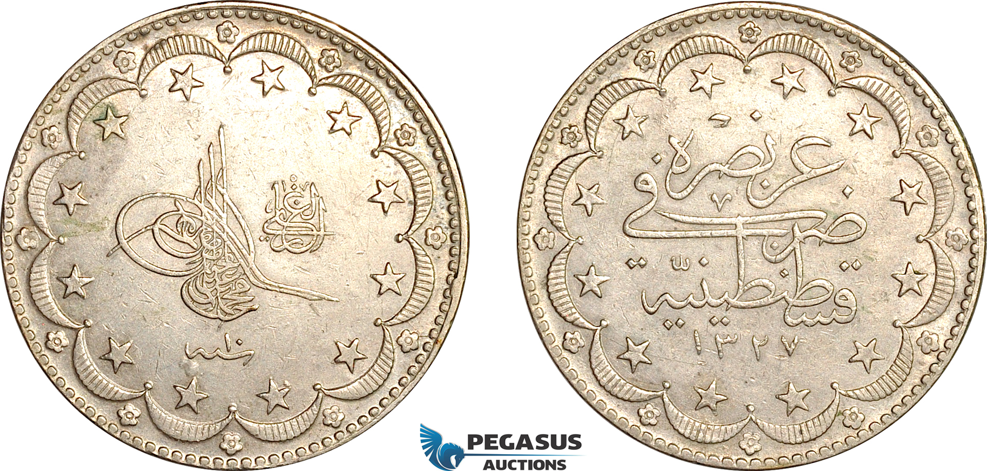 AL012, Turkey (Ottoman Empire), Mehmed V, 20 Kurush AH1327//10, Silver, Cleaned, AU-UNC