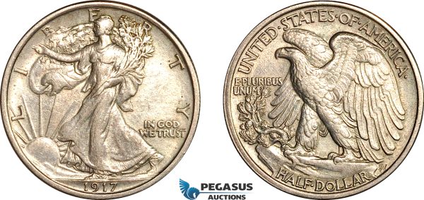 AL013, United States, Walking Liberty Half Dollar (50C) 1917, Philadelphia Mint, Silver, AU