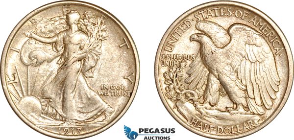 AL014, United States, Walking Liberty Half Dollar (50C) 1917 D, Denver Mint, Silver, Graffiti on Obv, XF-AU