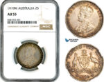 AL025, Australia, George V, Florin - 2 Shillings 1919 M, Melbourne Mint, Silver, NGC AU55