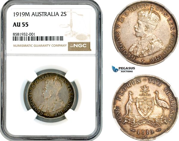 AL025, Australia, George V, Florin - 2 Shillings 1919 M, Melbourne Mint, Silver, NGC AU55