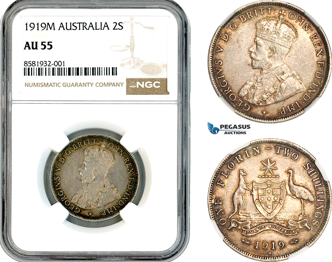 AL025, Australia, George V, Florin - 2 Shillings 1919 M, Melbourne Mint, Silver, NGC AU55