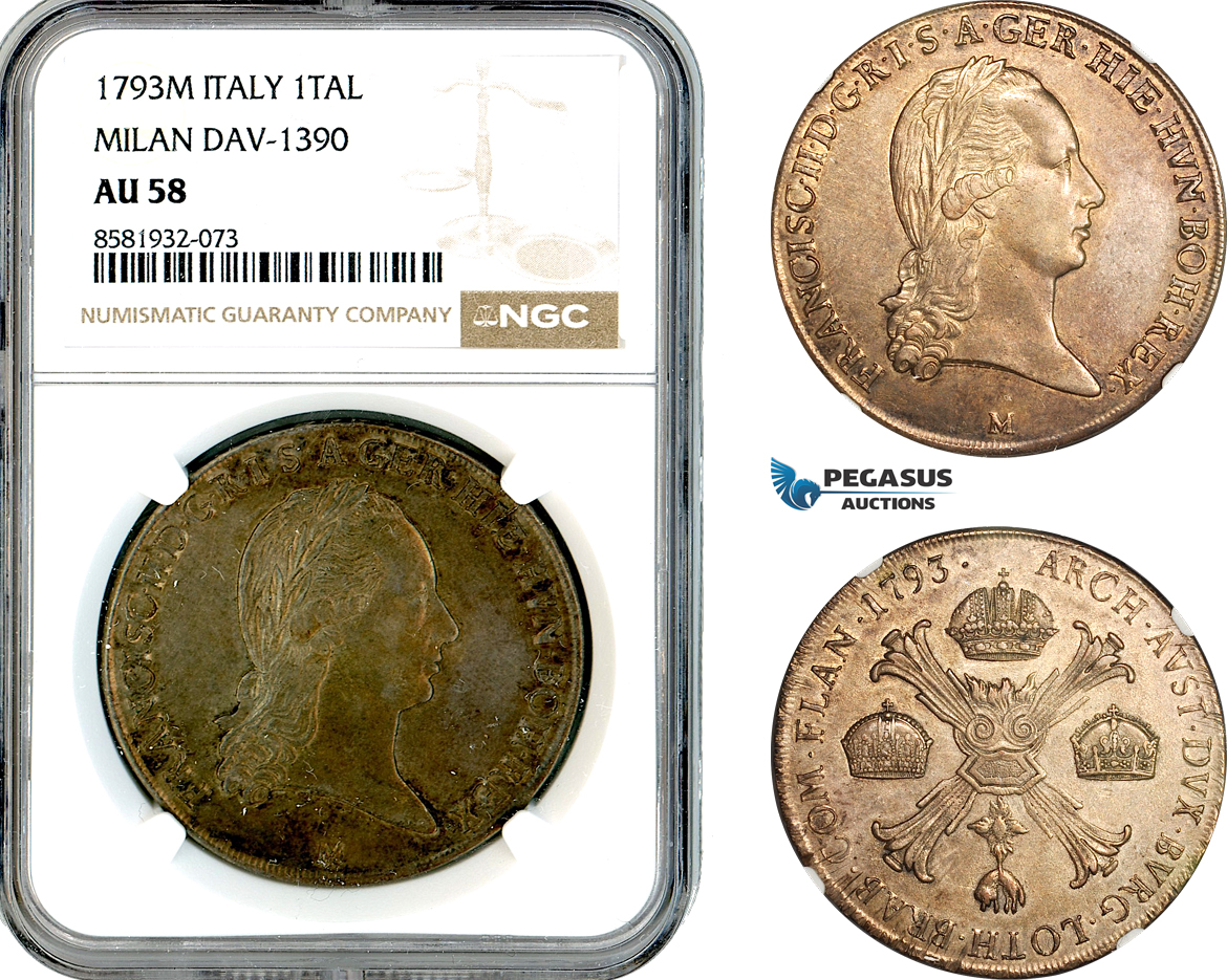 AL026, Austrian Netherlands, Francisc II, 1 Kronentaler 1793 M, Milan Mint, Silver, DAV-1390, NGC AU58