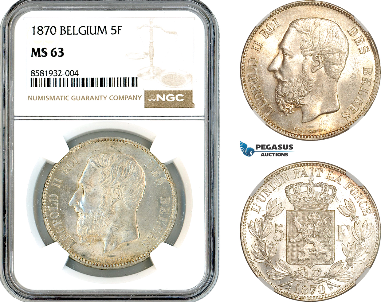 AL027, Belgium, Leopold II, 5 Francs 1870, Brussels Mint, Silver, NGC MS63