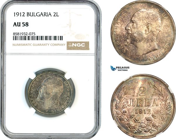 AL034, Bulgaria, Ferdinand I, 2 Leva 1912, Kremnica Mint, Silver, NGC AU58