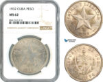 AL038, Cuba, "Star Type" Peso 1932, Philadelphia Mint, Silver, NGC MS62