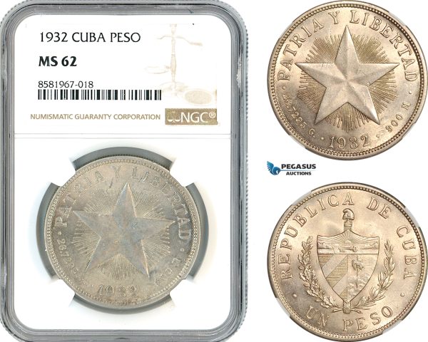 AL038, Cuba, "Star Type" Peso 1932, Philadelphia Mint, Silver, NGC MS62