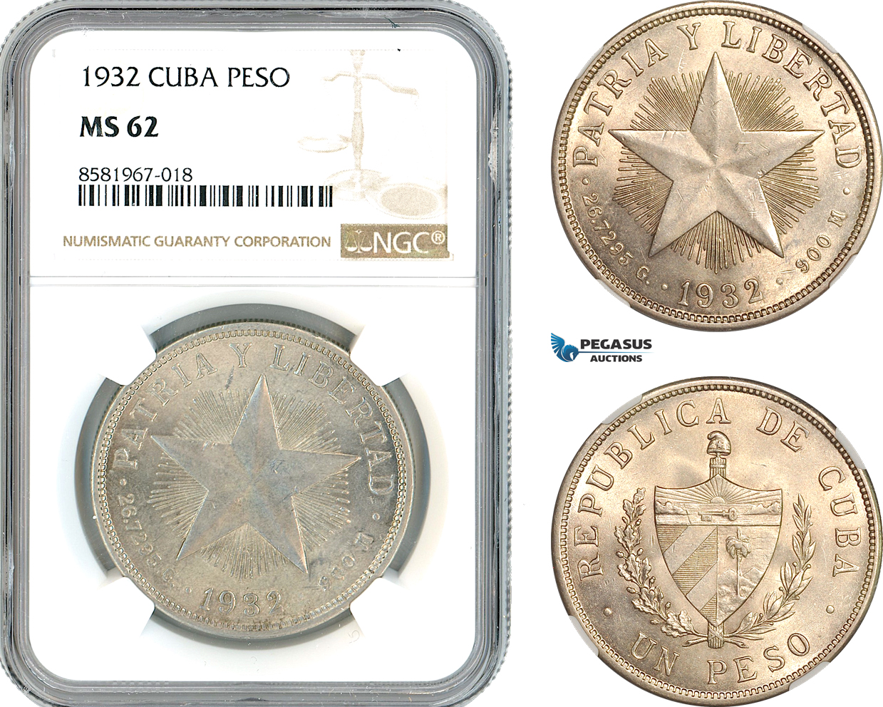 AL038, Cuba, "Star Type" Peso 1932, Philadelphia Mint, Silver, NGC MS62