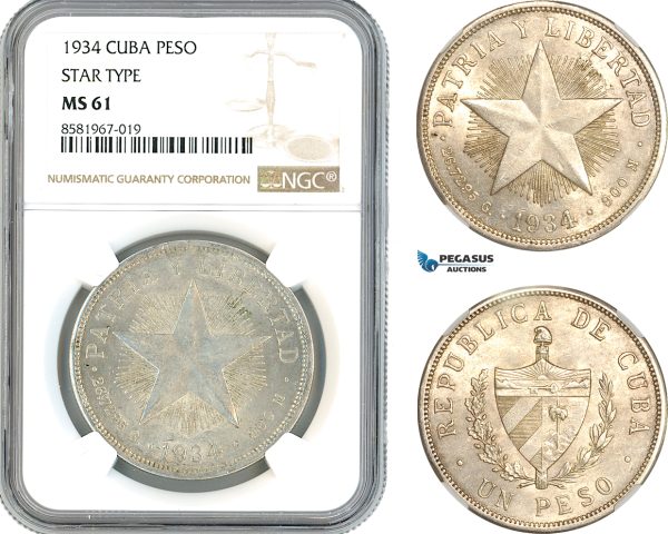 AL039, Cuba, "Star Type" Peso 1934, Philadelphia Mint, Silver, NGC MS61