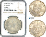 AL040, Cuba, "Star Type" Peso 1934, Philadelphia Mint, Silver, NGC MS63