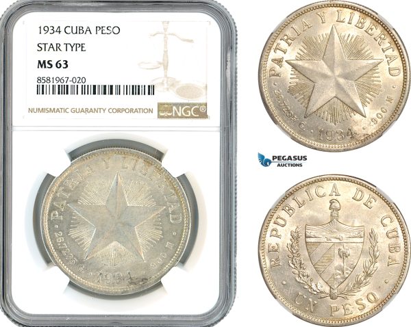 AL040, Cuba, "Star Type" Peso 1934, Philadelphia Mint, Silver, NGC MS63