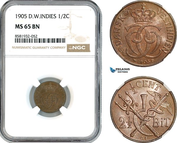 AL041, Danish West Indies, Christian IX, 2 1/2 Bit - 1/2 Cent 1905, Copenhagen Mint, NGC MS65BN