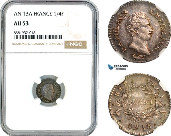 AL042, France, Napoleon I, 1/4 Franc AN 13 A, Paris Mint, Silver, NGC AU53