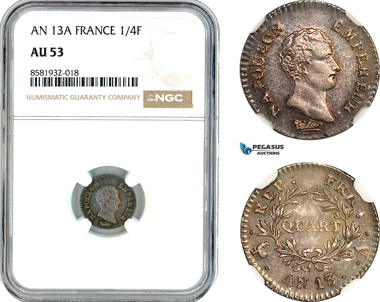 AL042, France, Napoleon I, 1/4 Franc AN 13 A, Paris Mint, Silver, NGC AU53
