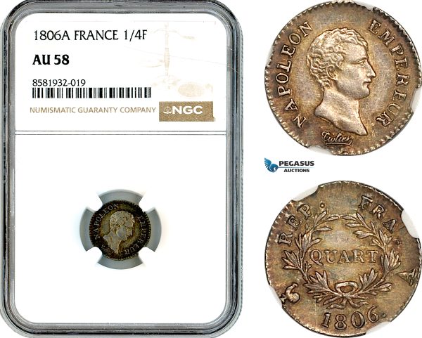 AL043, France, Napoleon I, 1/4 Franc 1806 A, Paris Mint, Silver, NGC AU58