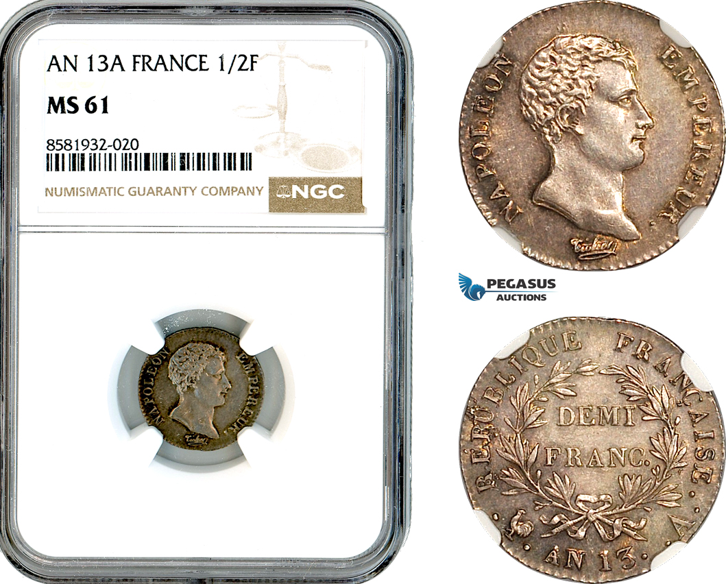 AL044, France, Napoleon I, 1/2 Franc AN 13 A, Paris Mint, Silver, NGC MS61