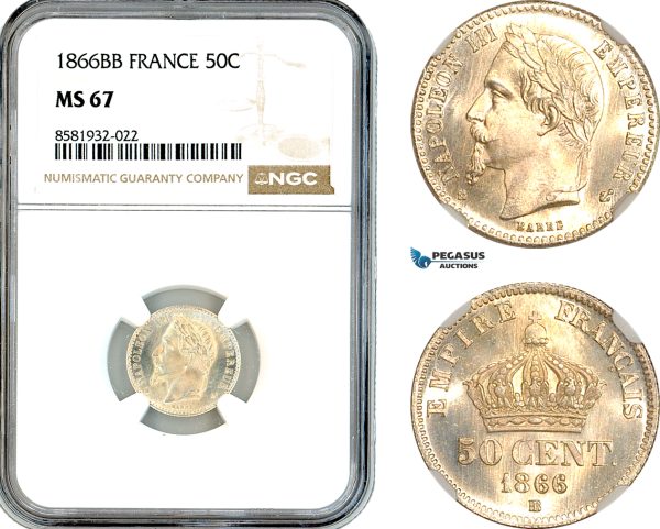 AL045, France, Napoleon III, 50 Centimes 1866 BB, Strasbourg Mint, Silver, NGC MS67, Top Pop!