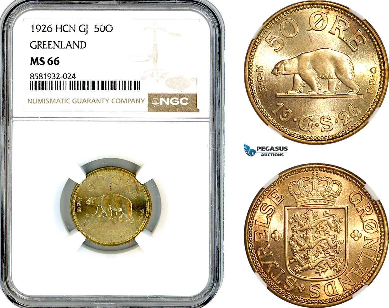 AL046, Greenland, Christian X of Denmark, 50 Øre 1926 HCN GJ, Copenhagen Mint, NGC MS66