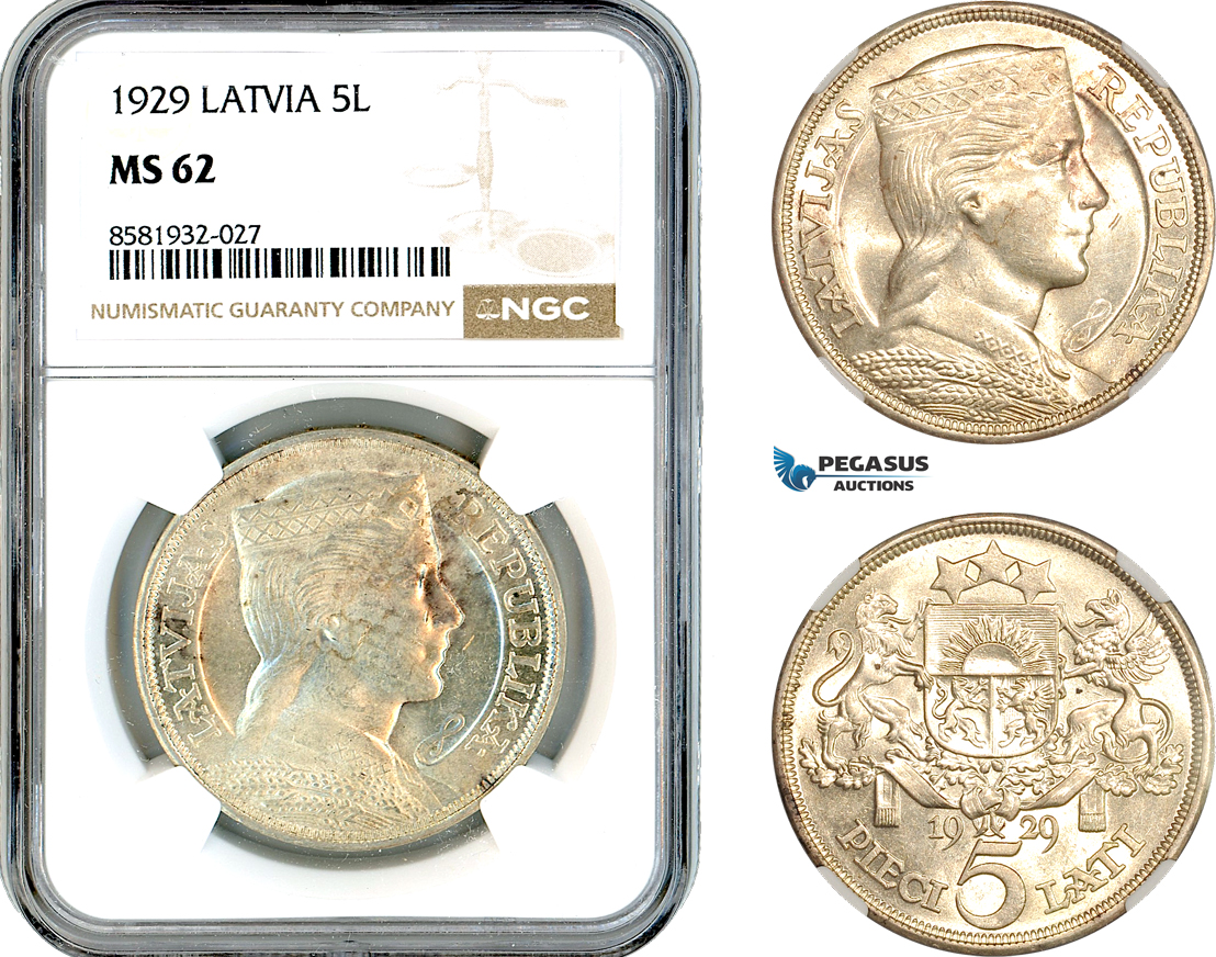 AL048, Latvia, 5 Lati 1929, London Mint, Silver, NGC MS62
