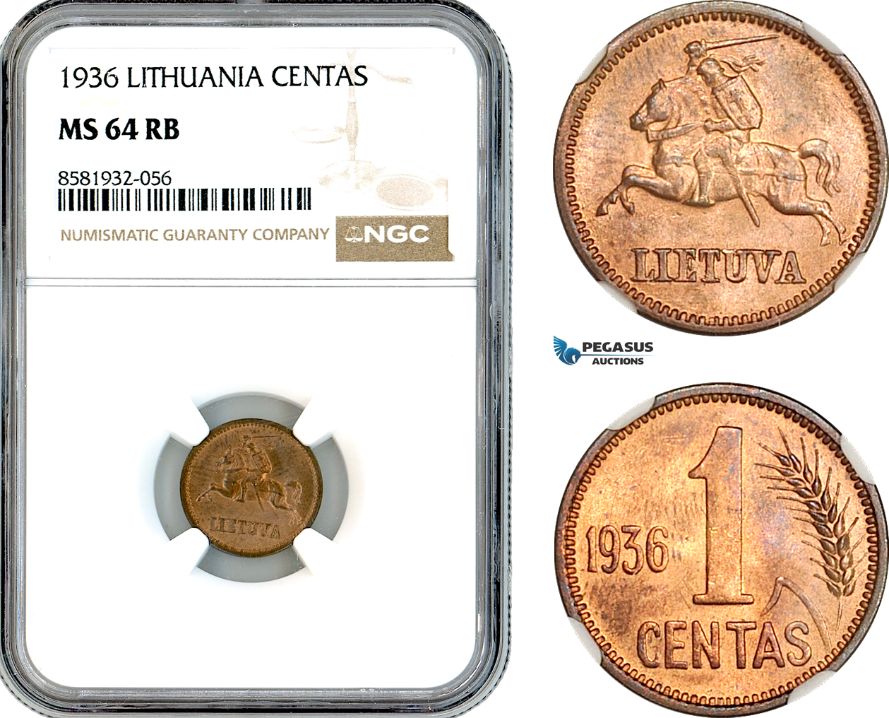 AL049, Lithuania, 1 Centas 1936, NGC MS64RB