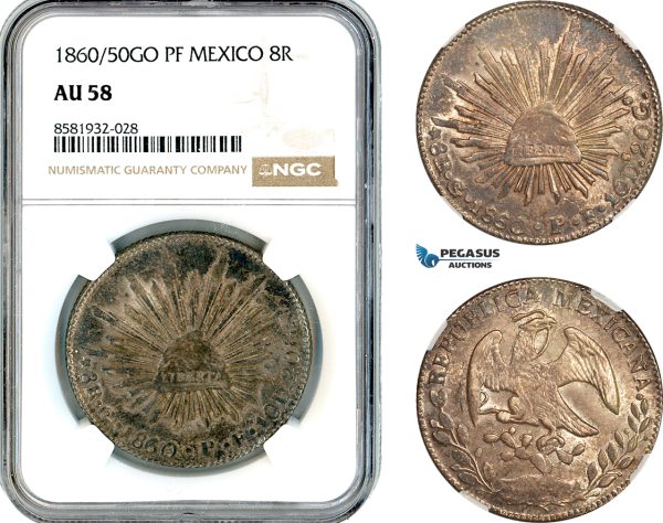 AL050, Mexico, 8 Reales 1860/50 GO PF, Guanajuato Mint, Silver, NGC AU58