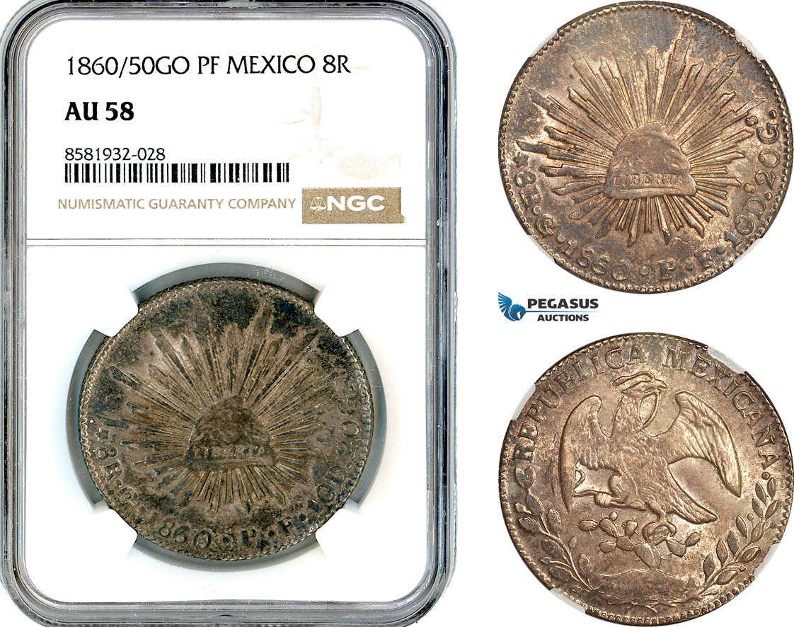 AL050, Mexico, 8 Reales 1860/50 GO PF, Guanajuato Mint, Silver, NGC AU58