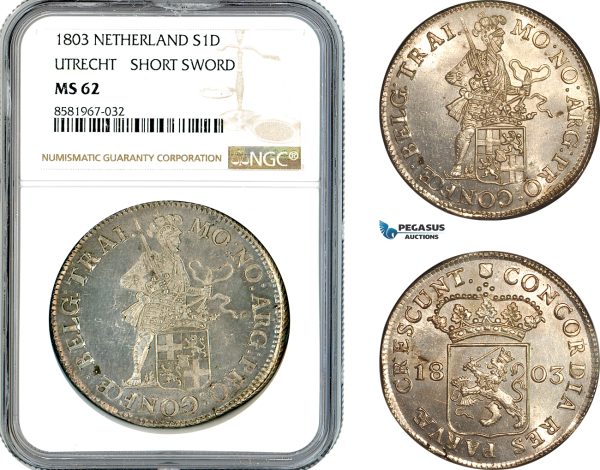 AL052, Netherlands, Utrecht, Daalder 1803, Silver, Short Sword, NGC MS62