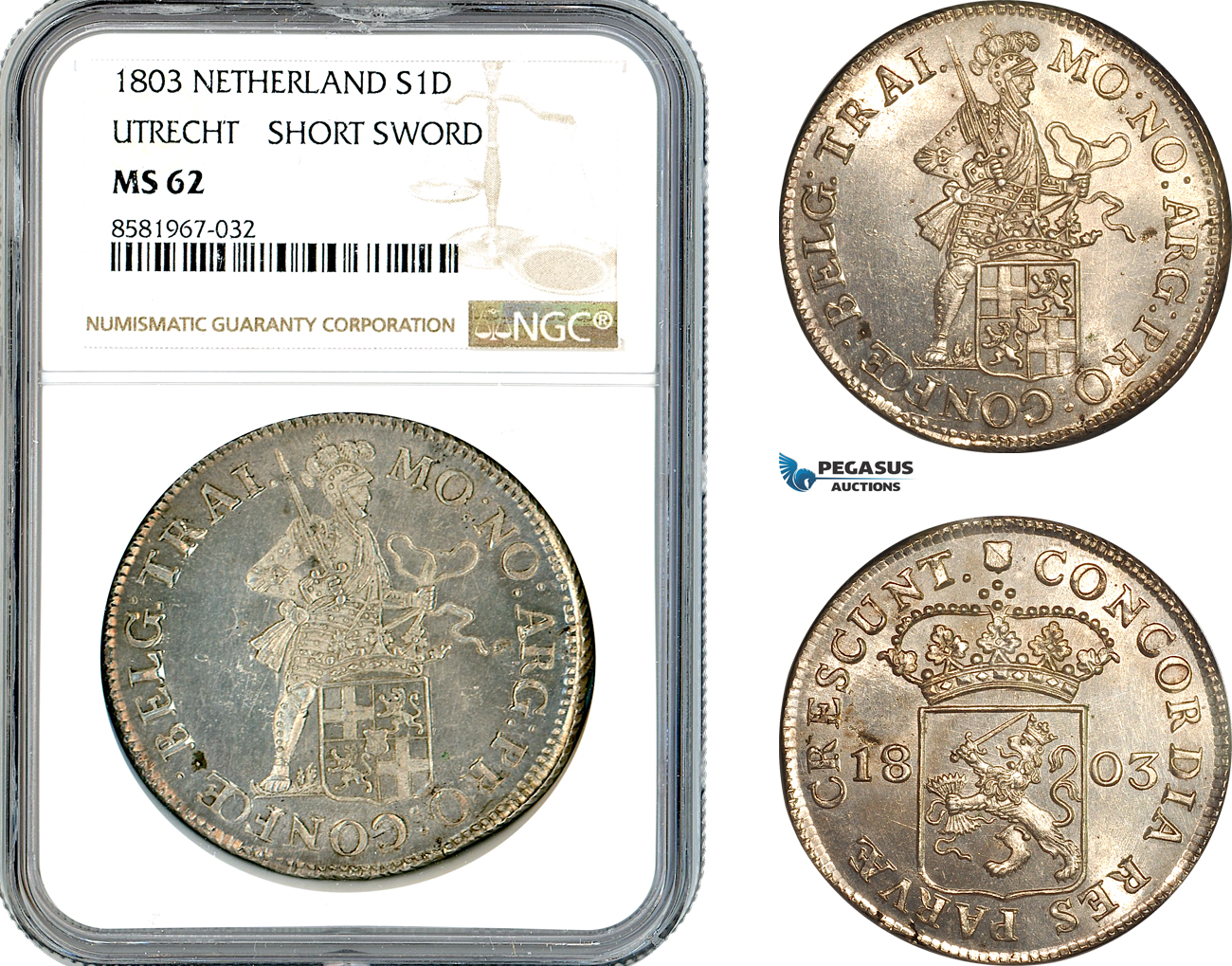 AL052, Netherlands, Utrecht, Daalder 1803, Silver, Short Sword, NGC MS62